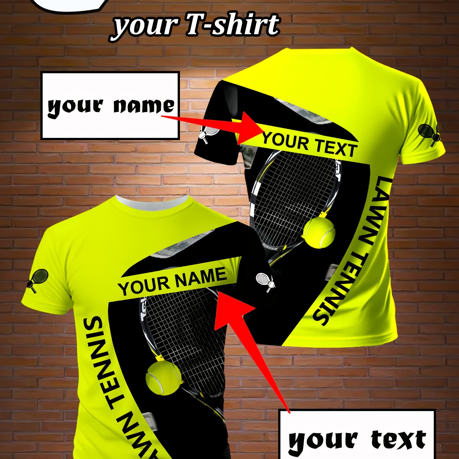 TEMU 3d Printed Tennis T-shirt With Personalized Text/ - Full-body Print Short Sleeve Round Neck, Breathable 95% Polyester/5% Spandex Suitable For