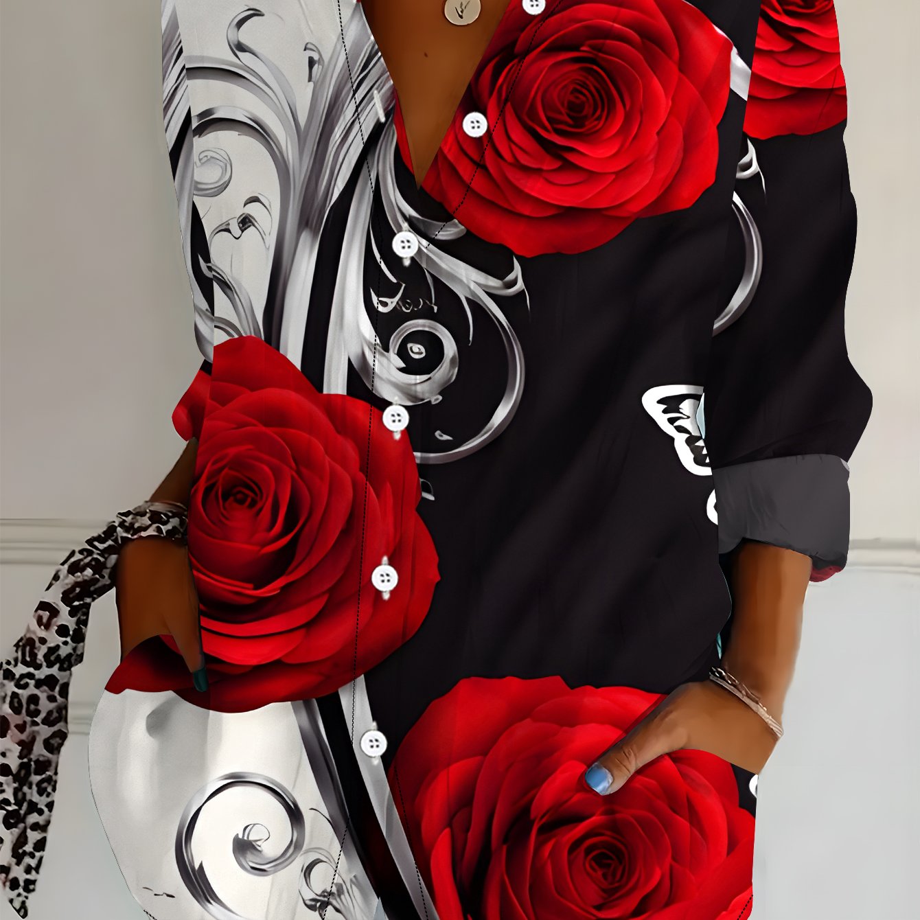 TEMU Plus Size, Plus Size Women's Long Sleeve Shirt With Rose Print, Loose Fit Printed Shirt With Accents, Mid-length Women's Long Sleeve Lapel Shirt