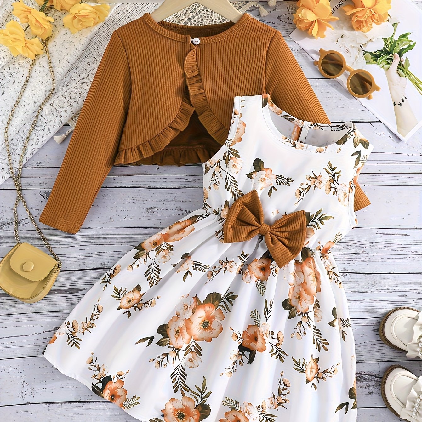 E-shop Ein süßes zweiteiliges Outfit für Mädchen mit einem Blumenkleid mit einer wunderschönen Schleife und einer langärmligen Rüschen-Strickjacke, für