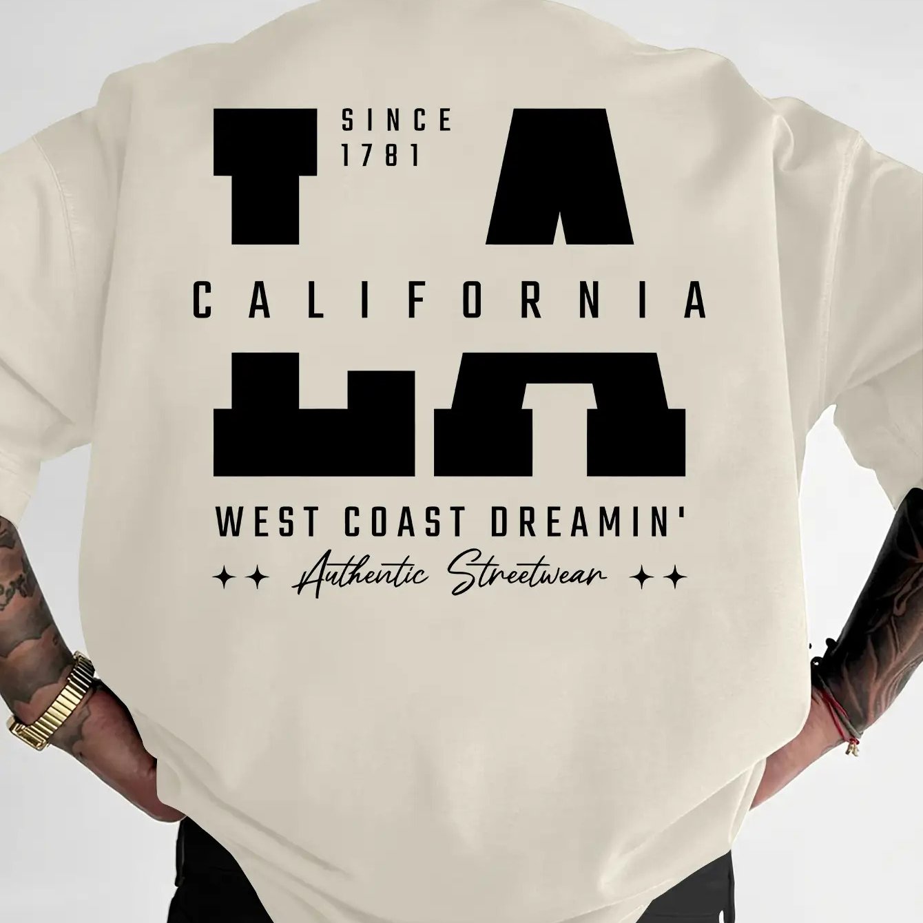 Men's Heavyweight 100% Crewneck T-shirt- Back Print Tee, Light Beige Streetwear Shirt For Casual And Formal Attire- Urban Fashion Top- Perfect Gift For Men, Versatile Apparel, , Sturdy Size