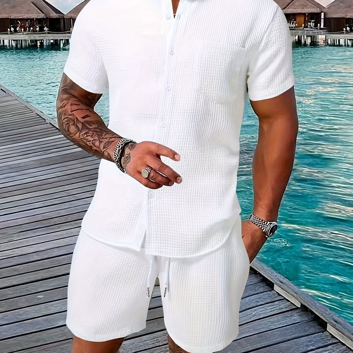 TEMU Conjunto Casual De Moda Masculina, 2 Piezas De Ropa Transpirable Y Elegante, Camisa De Golf De Manga Corta Blanca Y Pantalones Cortos, Ropa