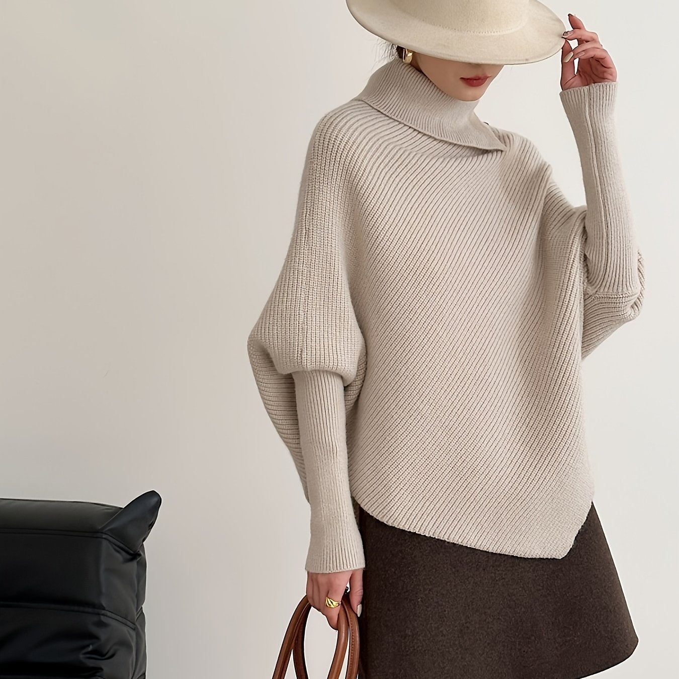 Image of Elegant Turtleneck Sweater For Women - Soft Wool-like With Asymmetric Hem And Batwing Sleeves, Cozy Loose Fit Pullover Jumper, French Style Knitwear For Spring Daily Chic Looks