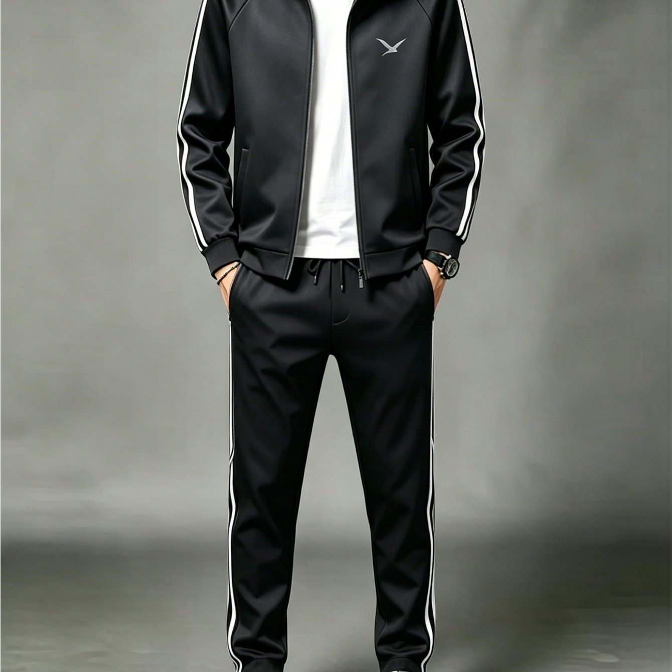 TEMU Men's Stand Collar Black Tracksuit Set Casual 2 Piece Outfit With White Side Stripes Made Of Polyester
