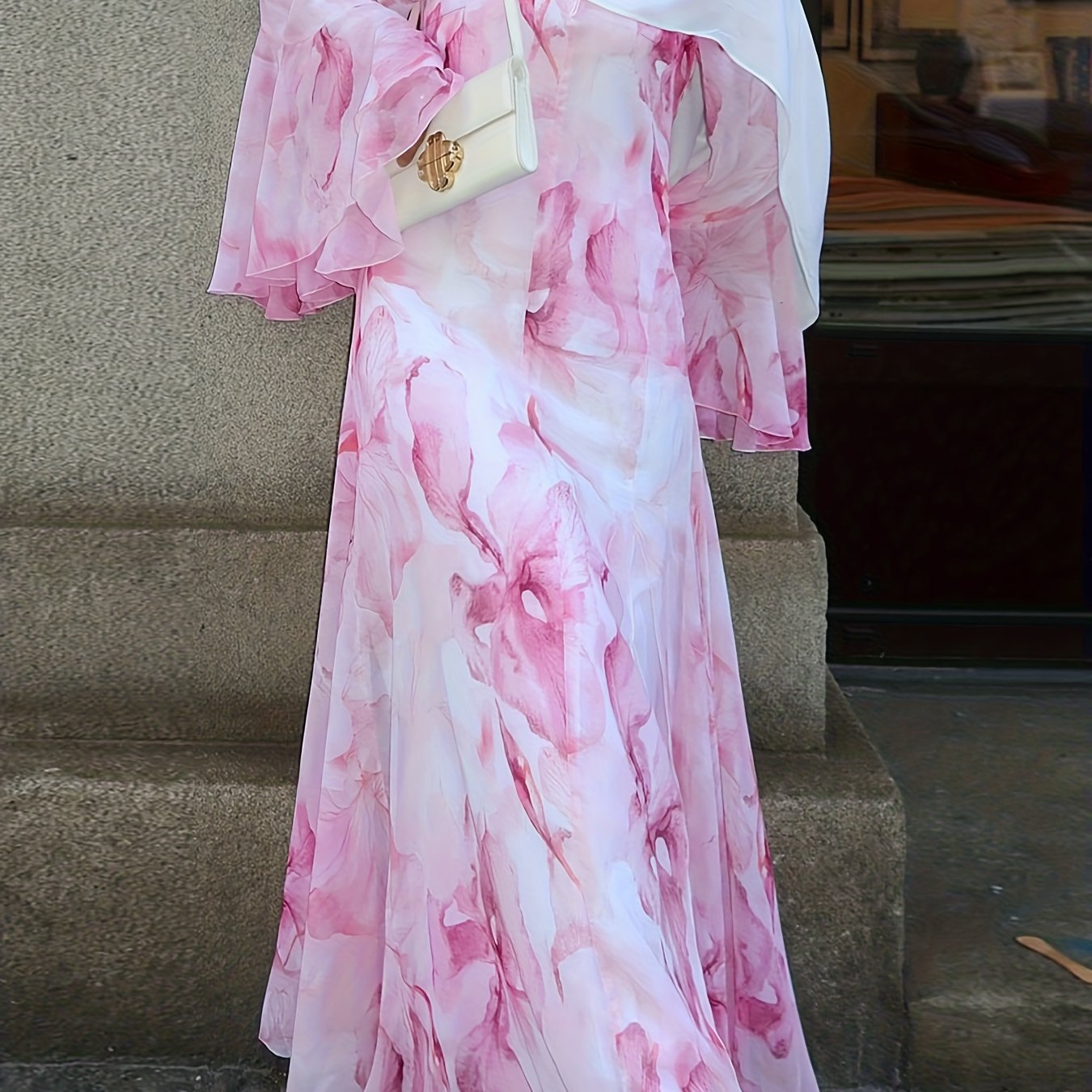 E-shop Herbstliches, elegantes, französisches, rundhalsiges, langes Kleid, elegant und romantisch, rosa, florales, ausgestelltes Ärmel, langes