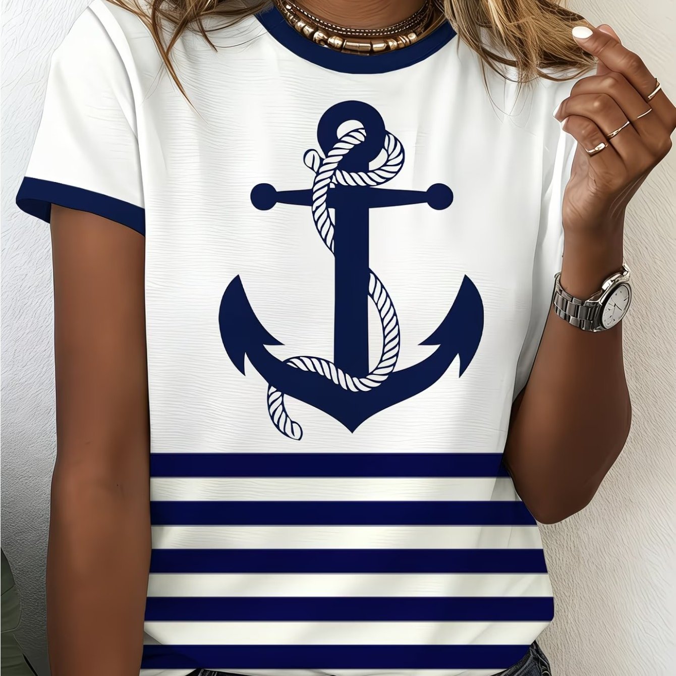 TEMU Women's Nautical Anchor Print T-shirt - Short Sleeve Round Neck Top With Nautical Design, Suitable For Beach Vacations, Casual Summer Outfits,