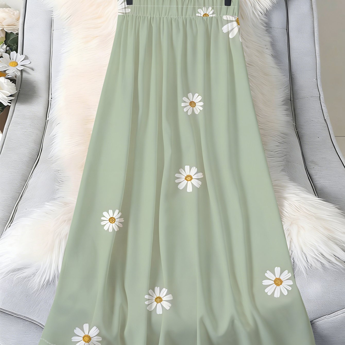 TEMU Print Skirt Women's Waist A-line Long Skirt Style Gentle Wind Green Skirt