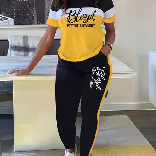plus size womens two piece set casual color round neck short sleeve t shirt and pants set pants with pockets