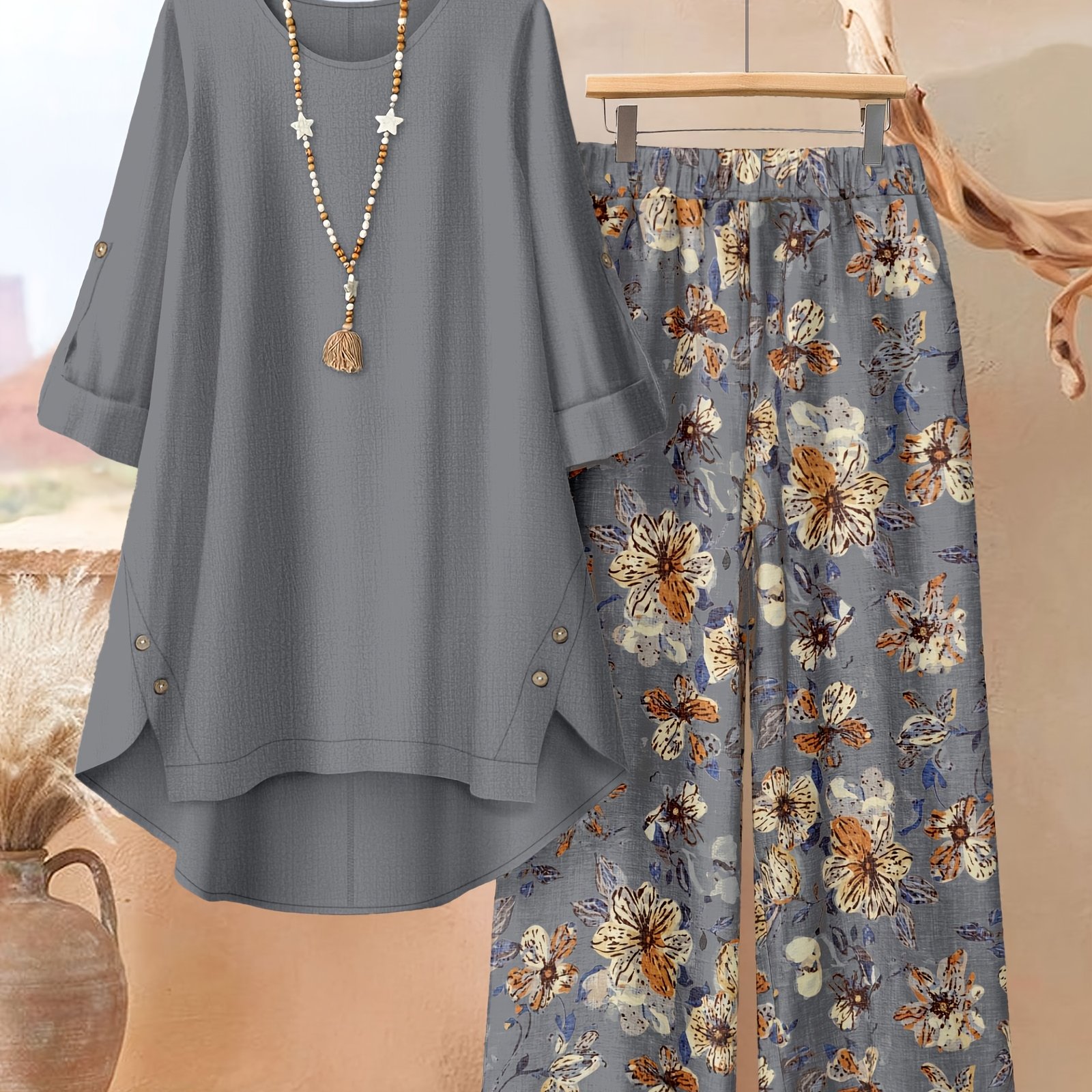 TEMU Plus Size, Plus Size - Plus Size - A Stylish 2pcs Ensemble Featuring Oversized Asymmetrical Button-up Tops For Women, With Printed Wide-leg