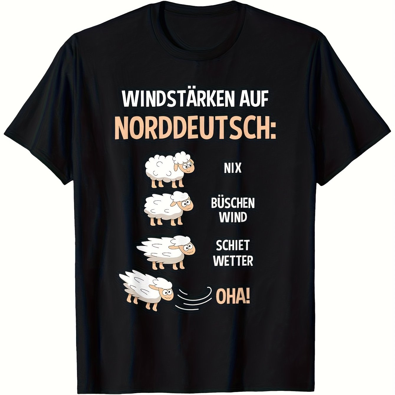 Image of Men's Funny For German T-shirt | Norddeutsch (north For German) Slang & Phrases With Cartoon Sheep & - Black Short Sleeve Casual Shirt - Crew Neck, Loose Fit, Stretch Fabric - Ideal For