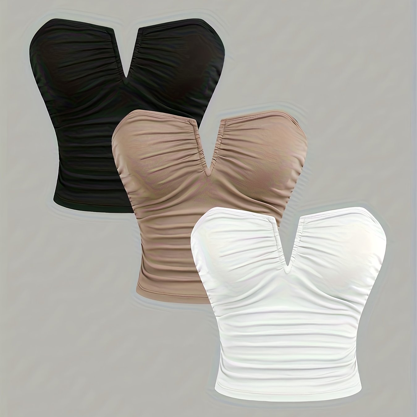 E-shop Elegantes Damen 3-teiliges Set Einfarbig Bandeau Lässig Elegantes Bodycon Top Sexy Off-Shoulder Kurzes Crop Top Elegant Chic Ärmelloses Weste
