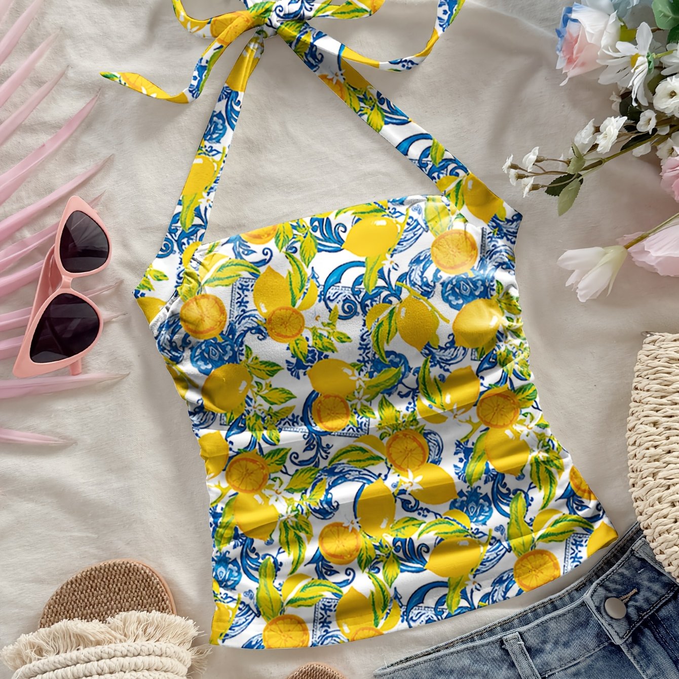 TEMU Ladies' Print Halter Neck Strapless Top, Featuring A Vintage Blue Porcelain Pattern That The Figure, Perfect For Summer Vacations. This Casual