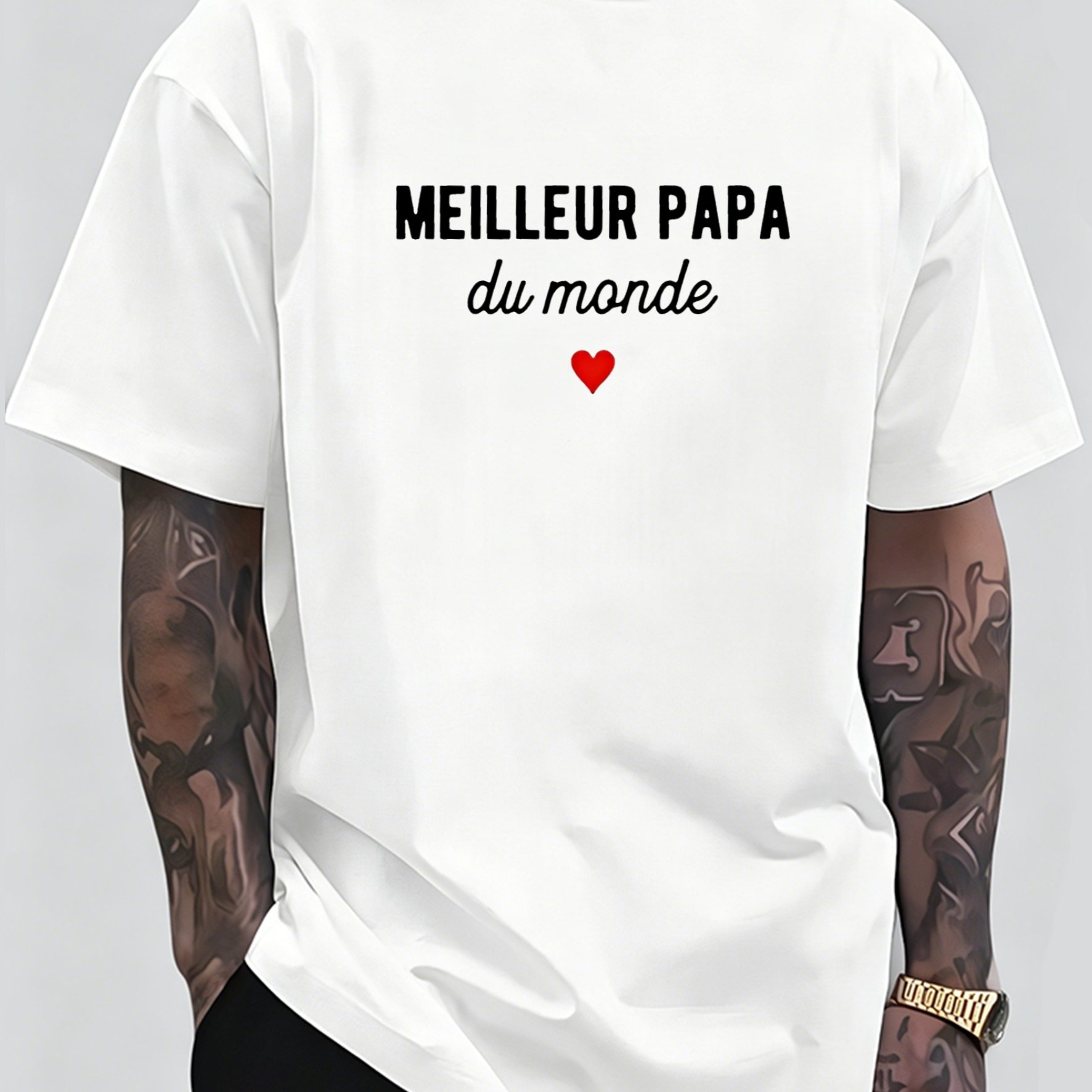 TEMU T-shirt Homme Oversize Col Rond, T-shirt avec Française 'Meilleur Papa Du Monde', Haut Streetwear Décontracté