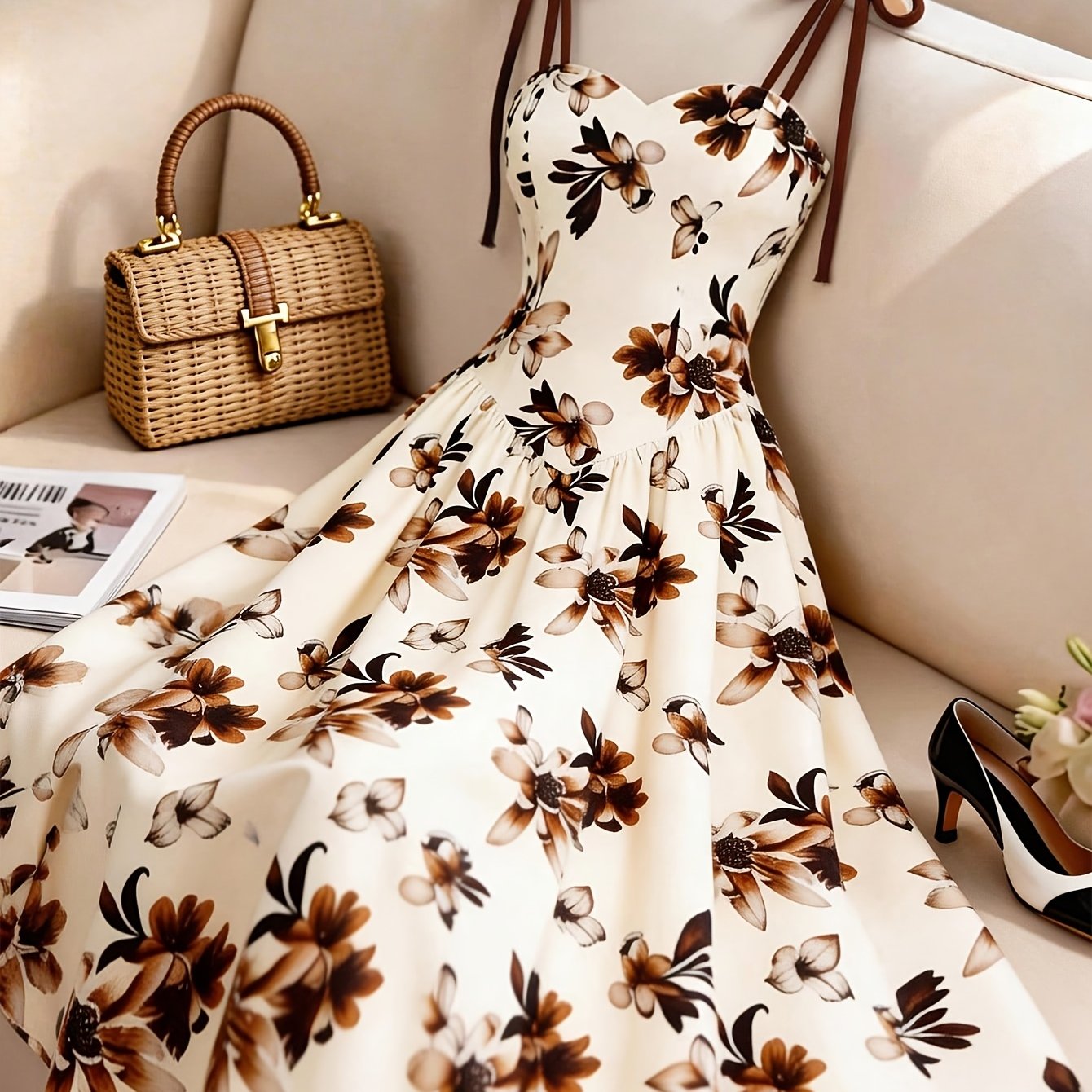 TEMU Women's Apricot-colored A-line Dress With Brown Floral Pattern, Thin Straps, And Waist Design. Vacations, Commuting, Music Festivals, Dates,