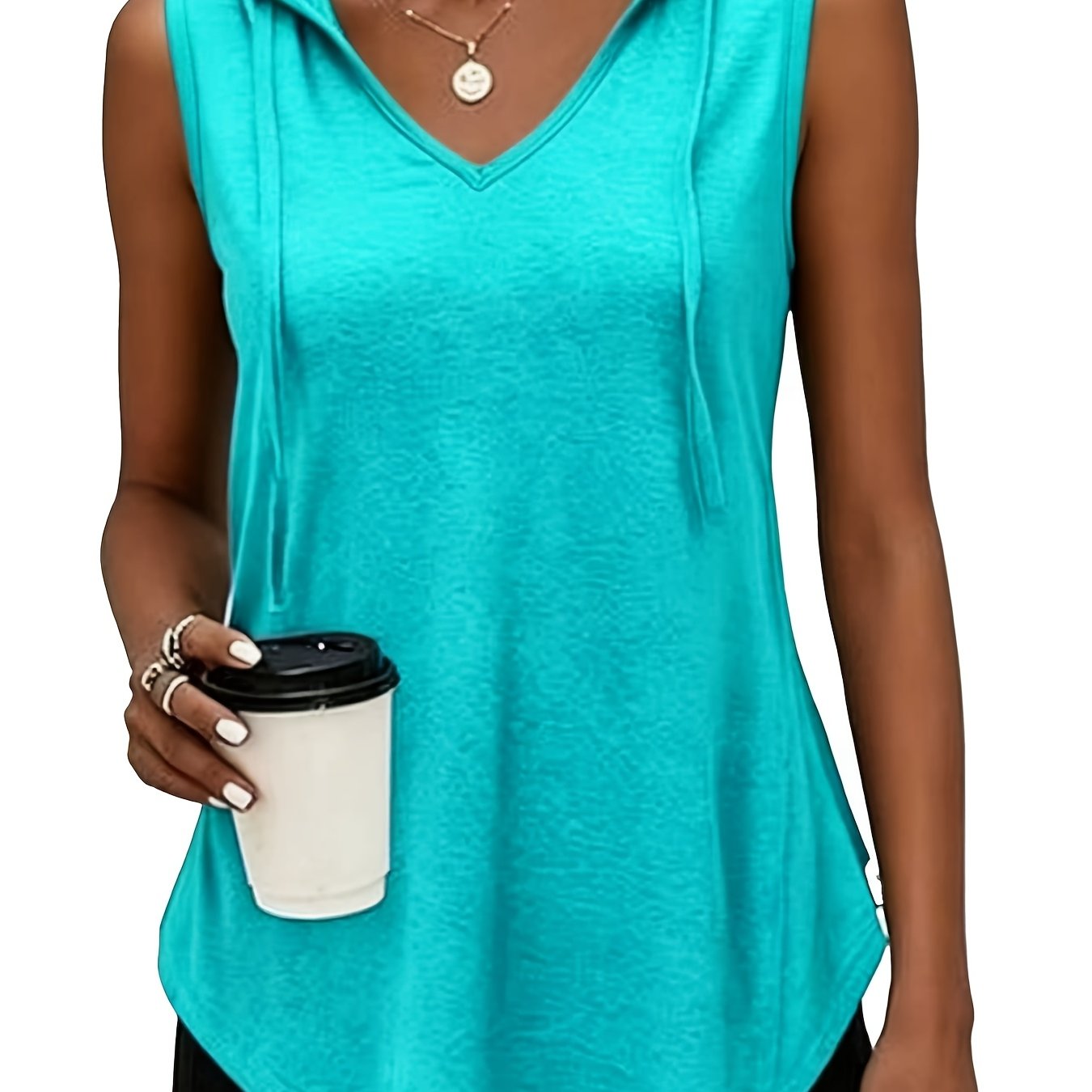 TEMU Plus Size - Spring Summer Plus Size Women's Top T-shirt, Solid Color Fashionable Elegant Hooded T-shirt For Women