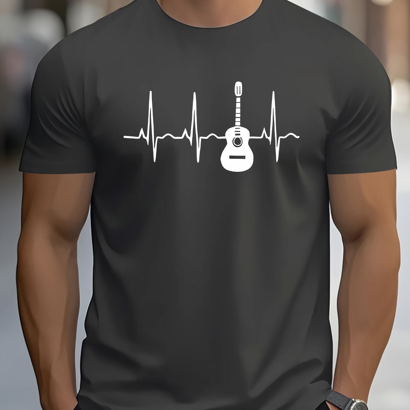 TEMU Rock Style, Men's Guitar Pattern T-shirt - Casual And Comfortable Short Sleeved Summer Top, Breathable Polyester Fiber, Machine Washable, ,