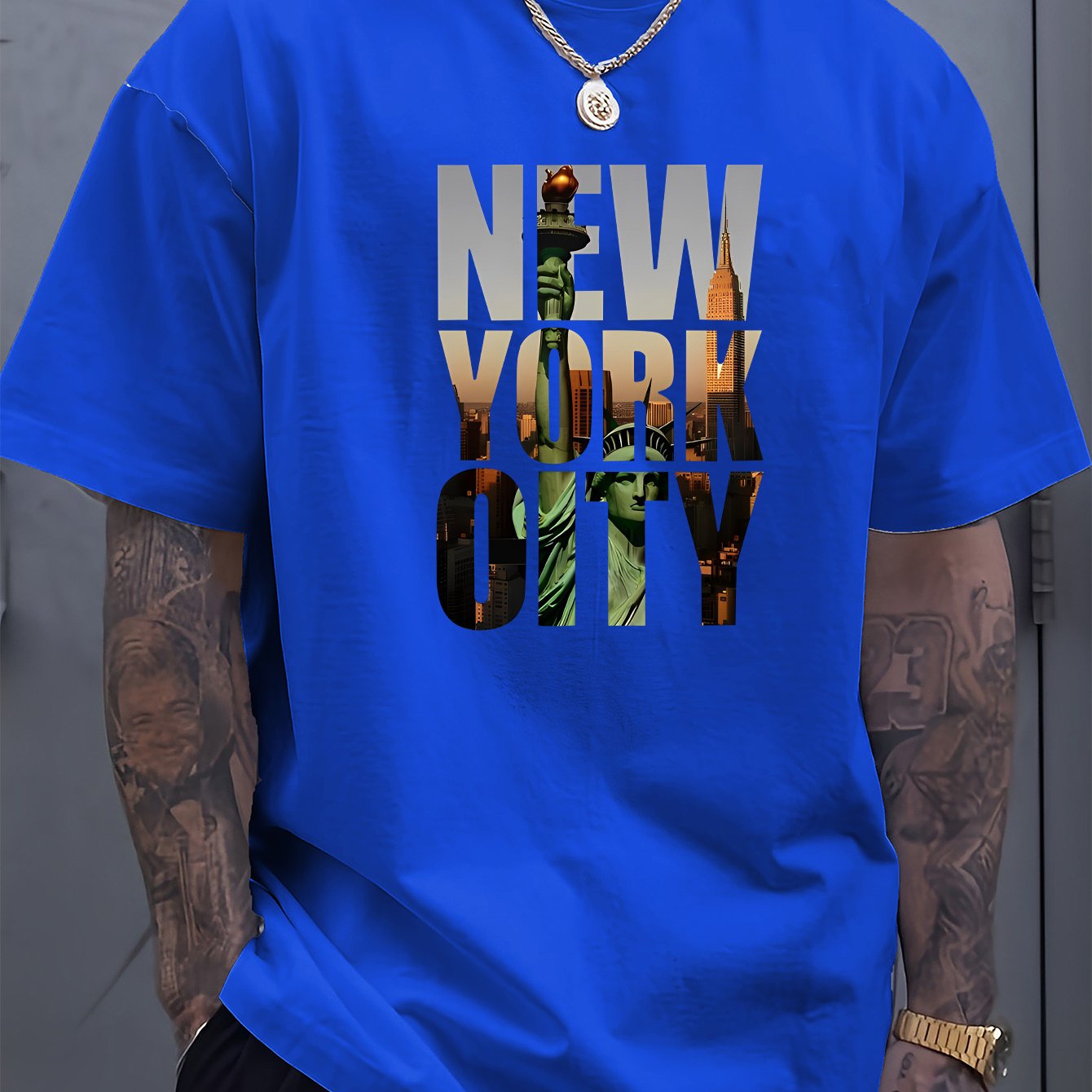 TEMU Men's Graphic T-shirt - 100% Cotton Casual Summer Tee With Nyc Print, Short Sleeve, Round Neck, Machine Washable, Summer Casual Wear | Urban Style Tee | Knitted Fabric