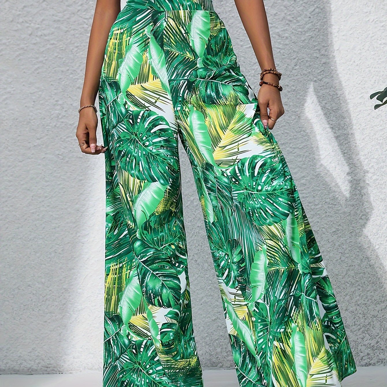 leaf print wide leg pants versatile high Temu South Africa