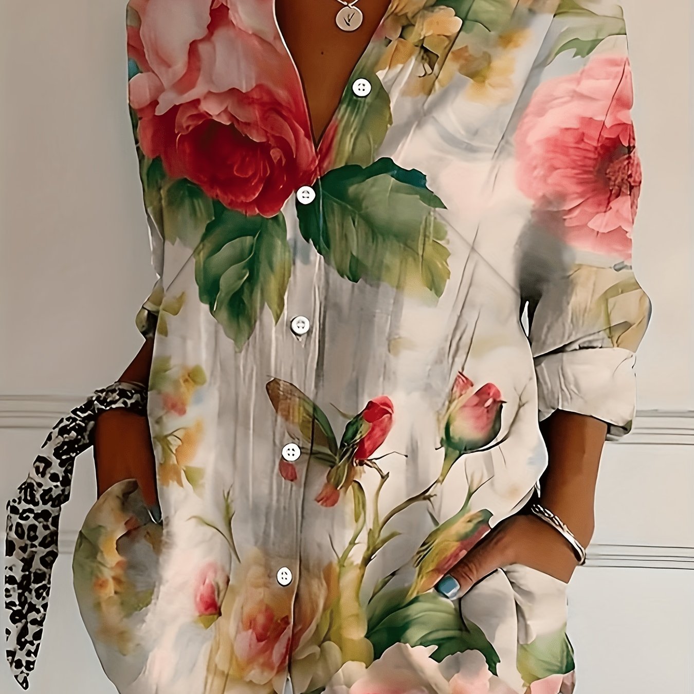 TEMU [printed Design â Not Textured] Vibrant Floral Collared Long Sleeve Shirt Spring Summer Fall New Single-button Blouse Women's Top, Machine