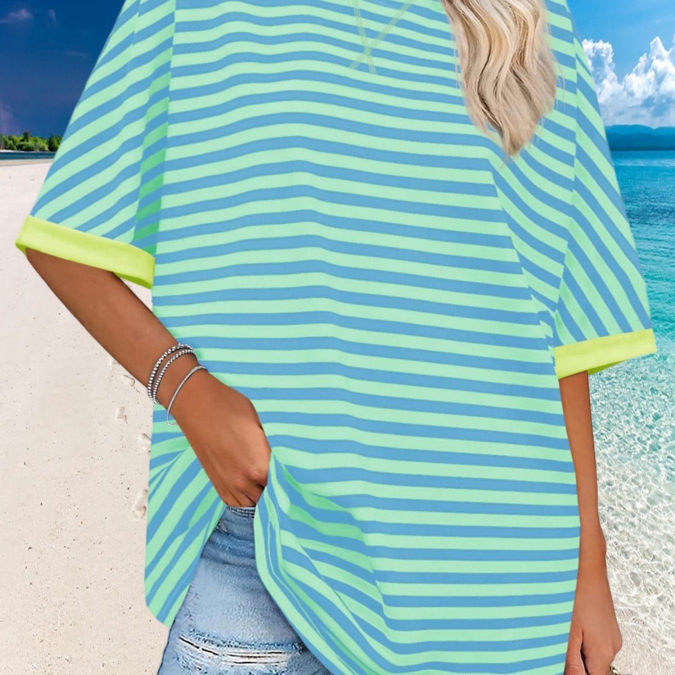 Image of Women's Oversized Striped Tunic Top - Elegant Half-sleeve Crew Neck -compatible Shirt | Spring Block Tee Suitable For Casual & Semi-formal Wear, Hand Washable Tunic Length Tops
