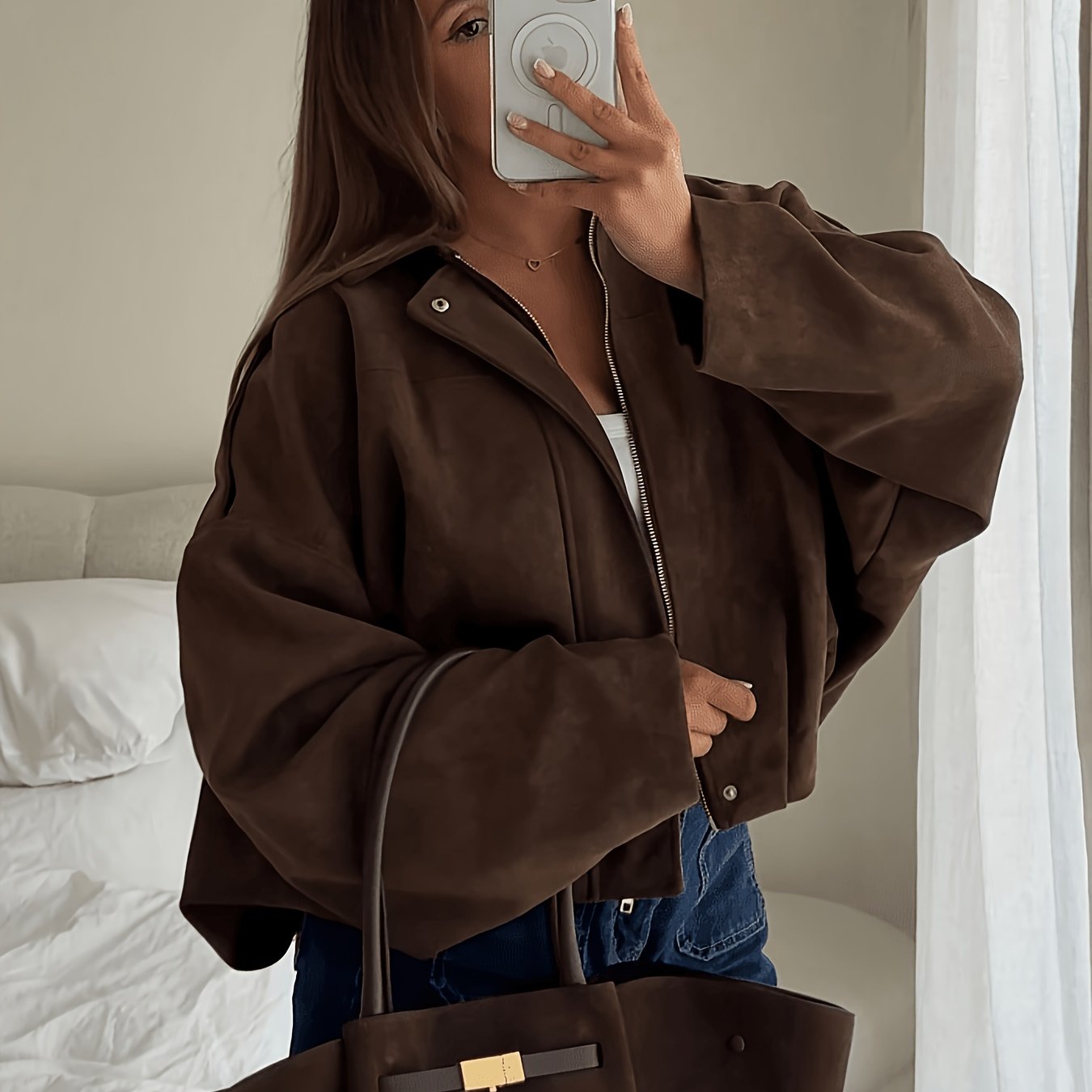 TEMU Women's -style Lapel Jacket, Vintage Long-sleeve Zip Loose Coat