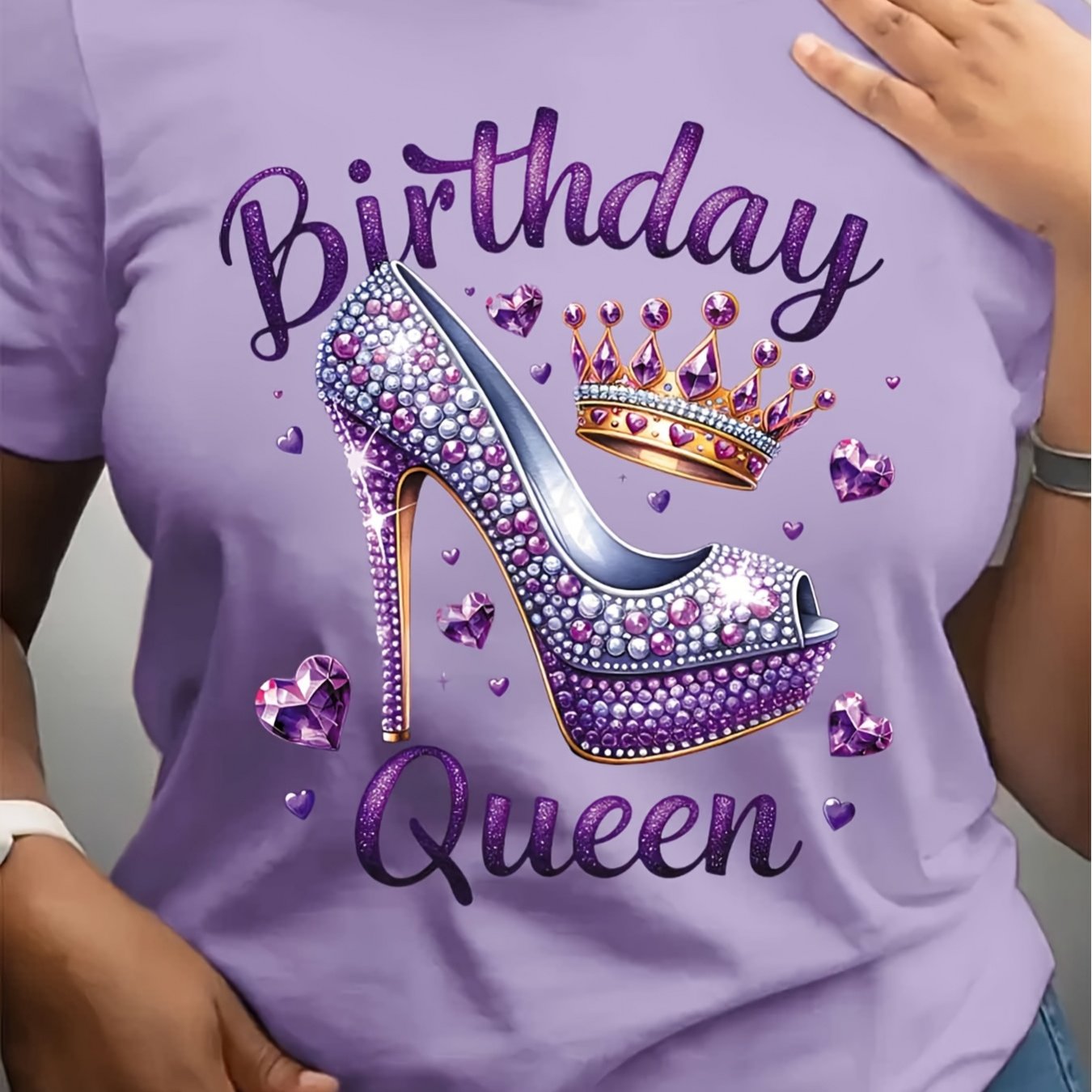 TEMU 1pc Women's Casual T-shirt, Printed With Birthday Queen& Crown& High Heels, Round Neck, Short Sleeve, Regular Length- Fabric Top