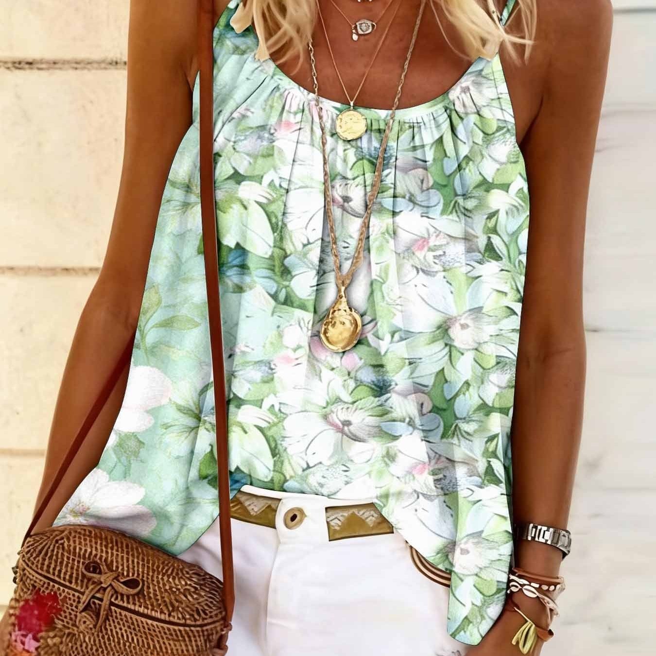 Image of Beach Style Printed Slim Shoulder Strap Vest Style Casual Sleeveless Top, Suitable For Summer Music Festivals And Fashionable Women's Clothing In Summer