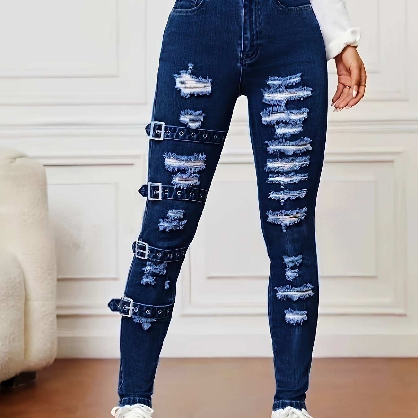 Women's Stretchy Fashionable Versatile Snap Button Ripped Skinny Ankle Jeans