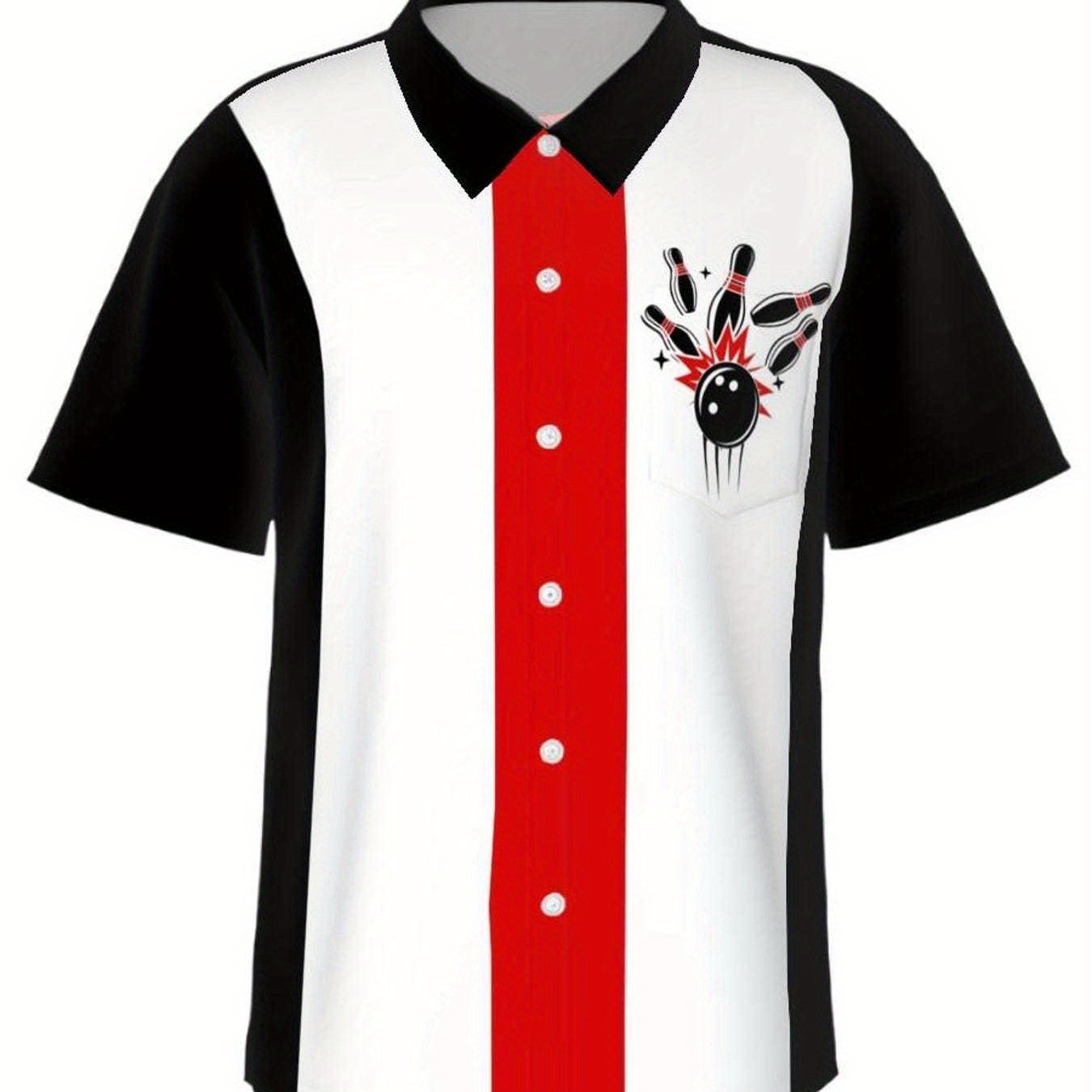 *'S Vintage 1950s Shirt - Retro Bowling Graphic Button-Up Shirt in Black/Red/* Block - *-Century Modern Hawaiian Party Costume Everyday Retro Outfit - Lightweight Summer Shirt for Themed Events Casual Wear, Classic Collar Design, *