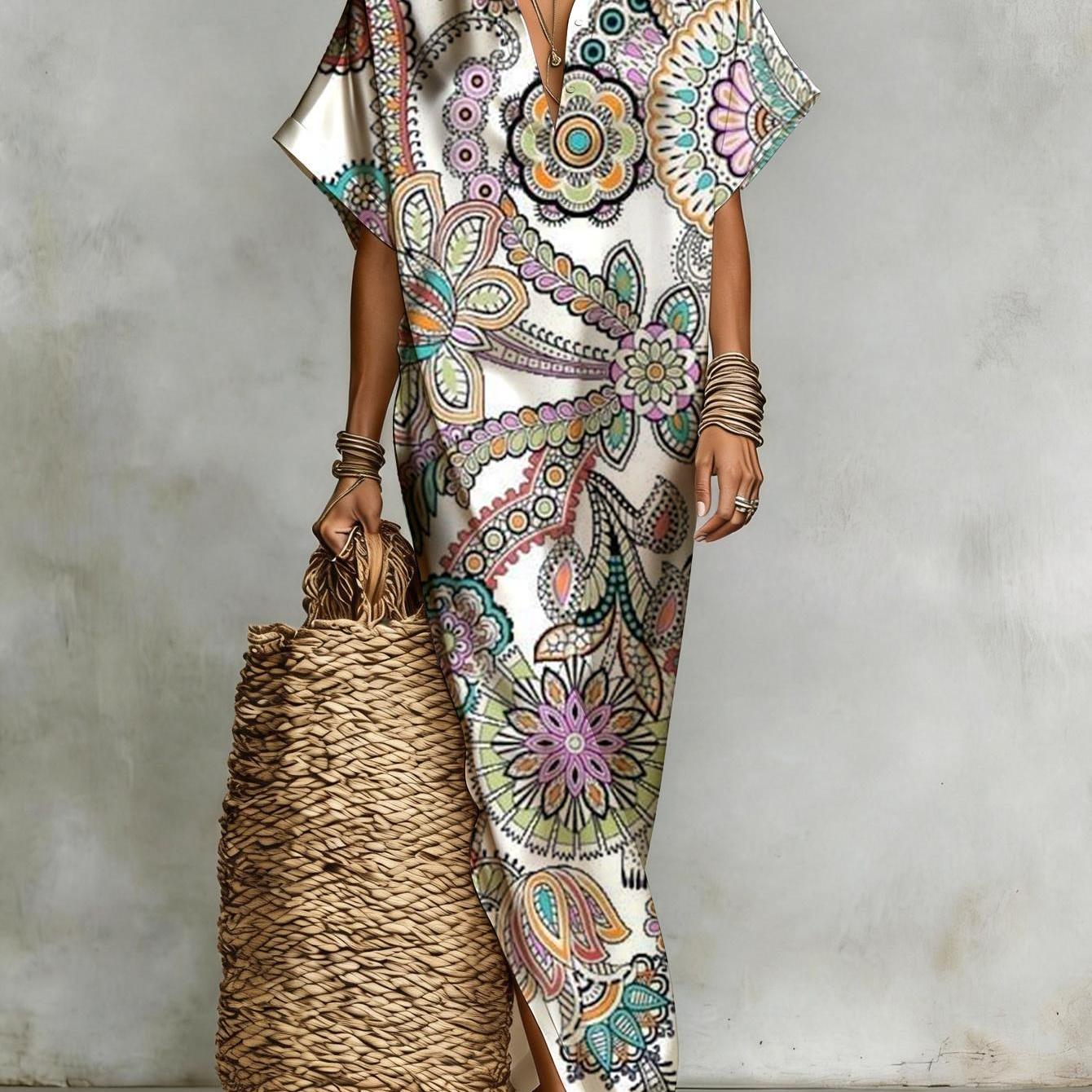 Image of Gentle Women's Maxi Dress, Summer Short Sleeve Shirt Dress, Loose Comfortable Version, Soft Boho Vacation Dress