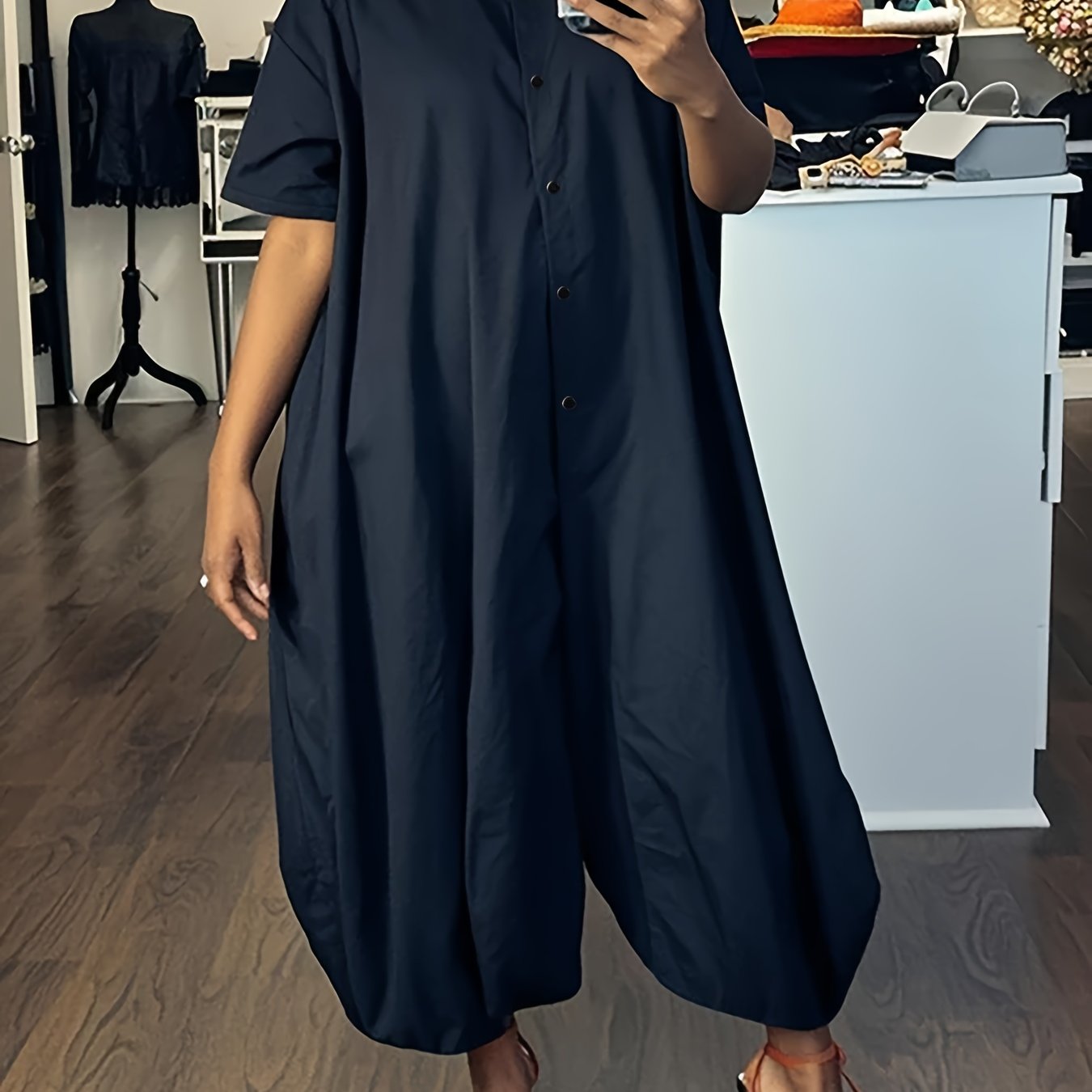 TEMU Plus Size - Plus Size - New Short-sleeved Shirt With Front Button Closure, Urban Casual Versatile With Pockets, Lantern Sleeves, Loose Fit,