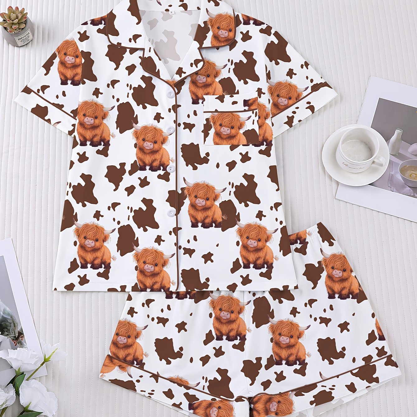 TEMU 2pcs Women's Pajama Set, Featuring A Cow Animal Print, With A Short-sleeve Lapel Button-up Top And Loose Elastic Shorts, A Pretty And Stylish