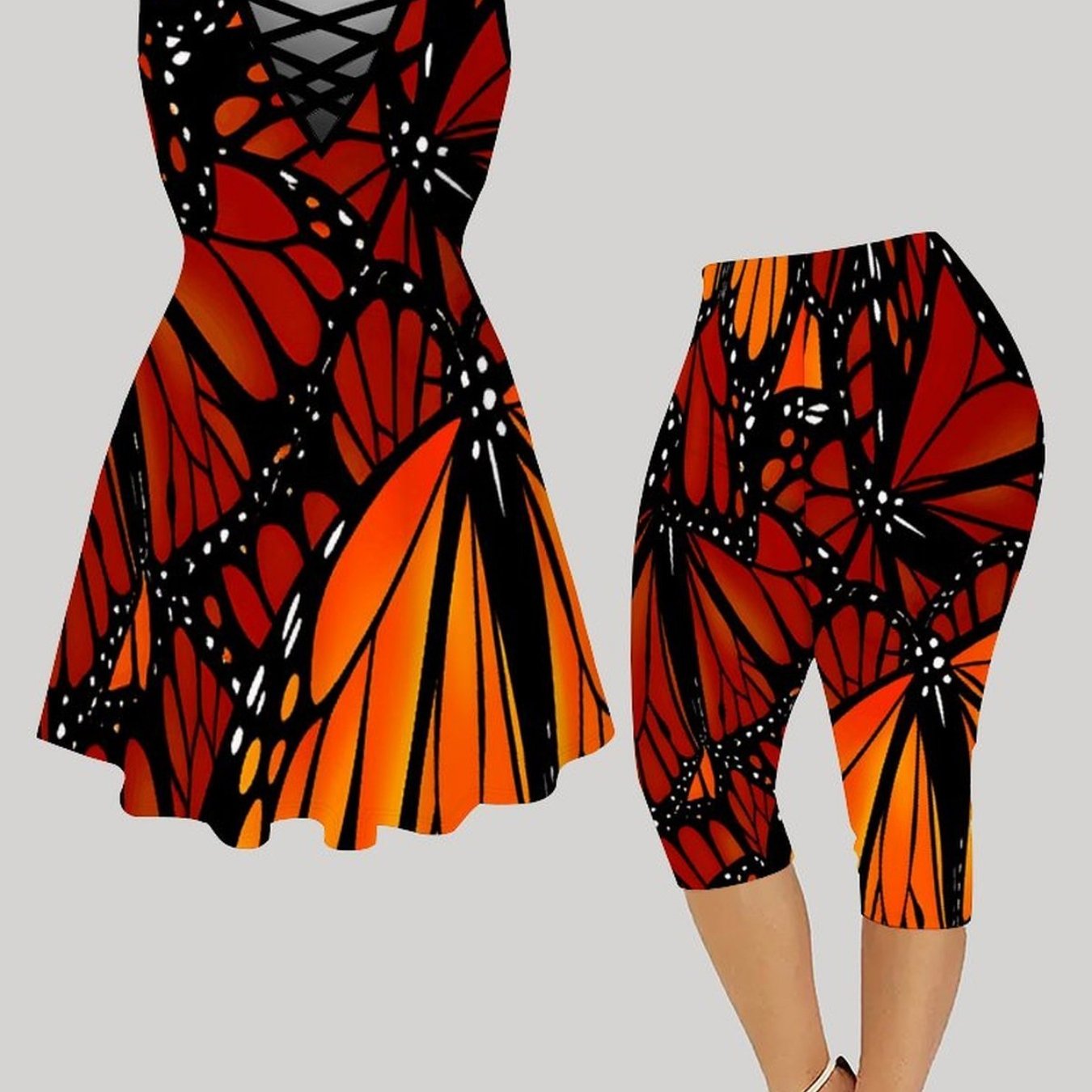 Image of Plus Size - Plus-size Women's Matching Set (crisscross Cami Top Dress And Capri Pants), Classic Trendy Prints, Suitable For Daily Commuting And Parties