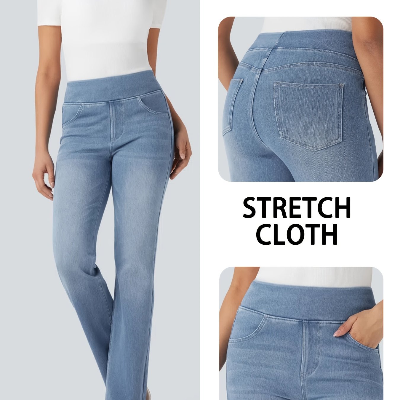 Casual Stylish Ribbed Waist Stretchy Washed Solid Color Jeans