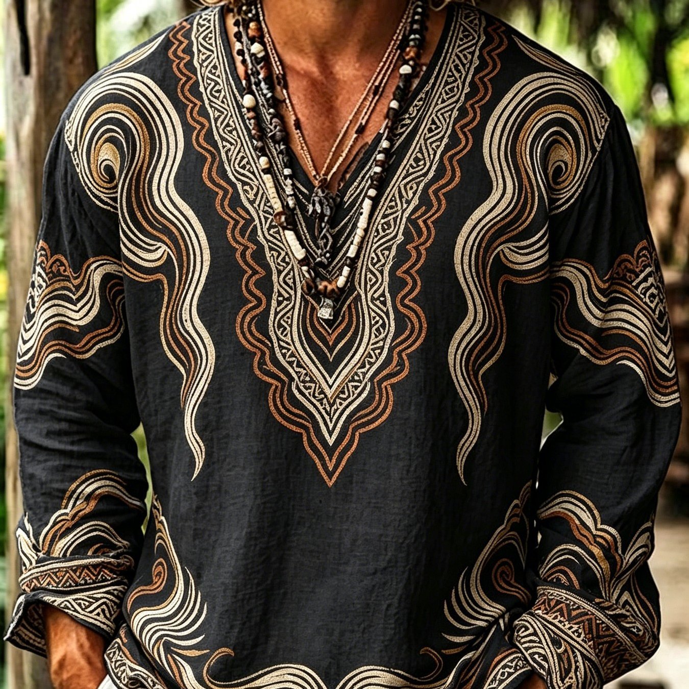 Image of Men's American Wild Exotic Style Black Gradient Wave Geometric Totem All V-neck Half Casual Drop Shoulder Long Sleeve Top, New Arrival, Niche Retro Tribal Creative Full Print