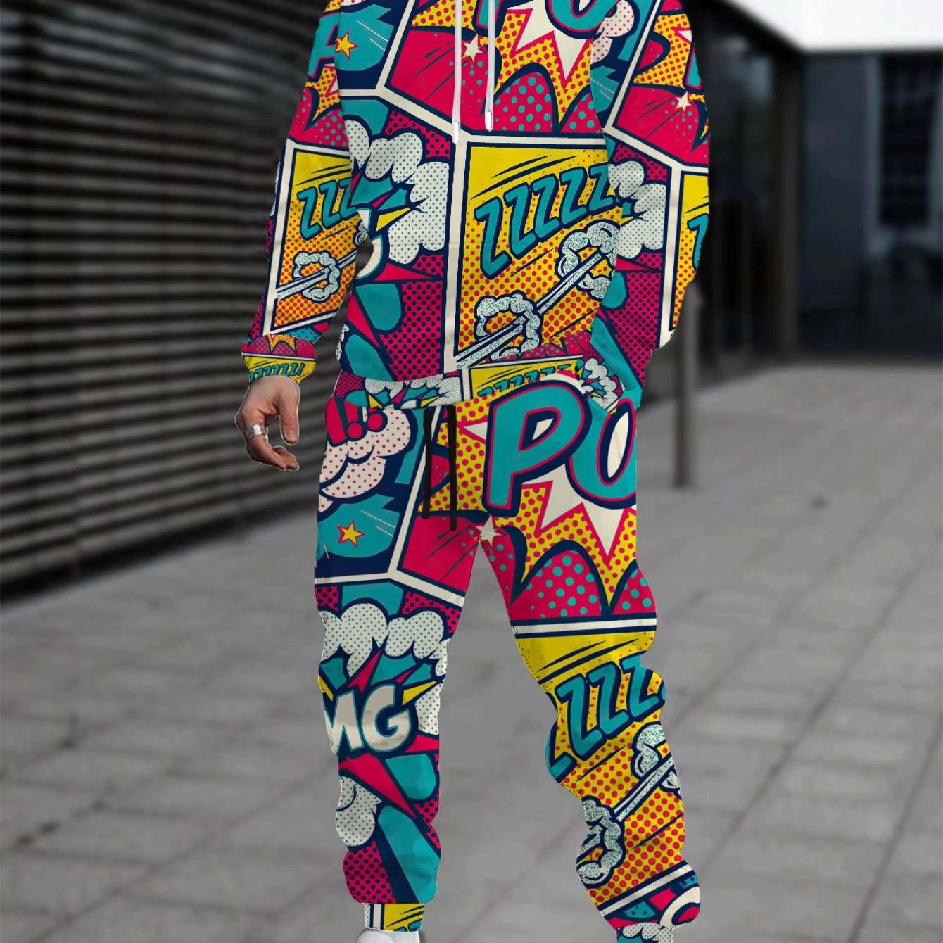 Image of Men's Fashion Set Featuring A Hoodie And Drawstring Pants With A 3d Printed Anime Explosion Graffiti Design, Perfect For Comfortable Sportswear And Warm Outfits