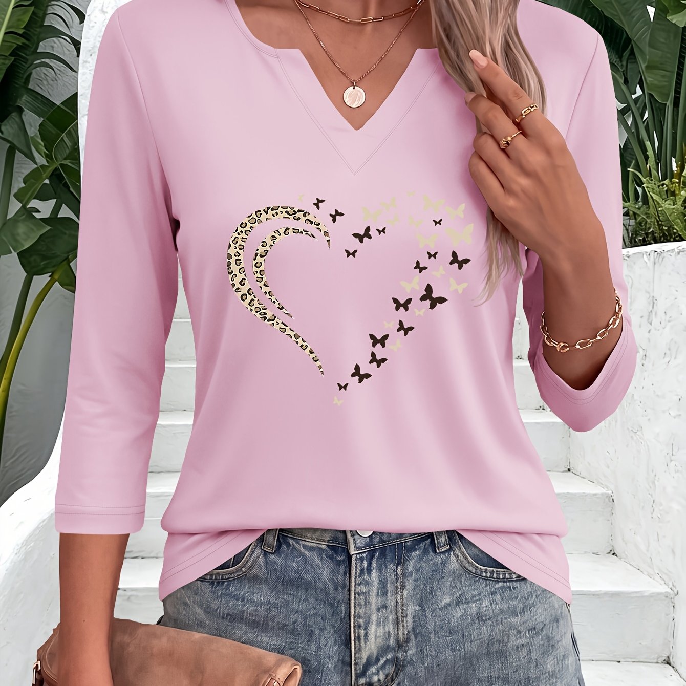 TEMU Pattern Print Notch V Neck 3/4 Sleeve T Shirt Casual Slim Basic Layer Top Daily Versatile Blouse