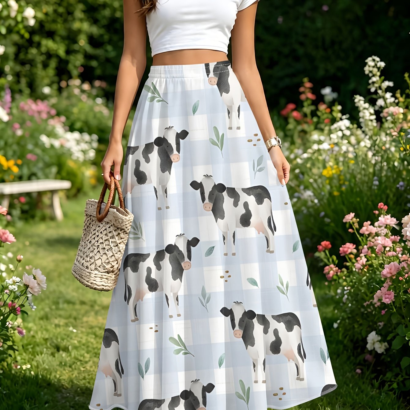 TEMU Blue And White Checkered Background, Cow Green Leaf Pattern, Fresh And Cute Printed Design Women's Casual Fashion Mid-length Skirt