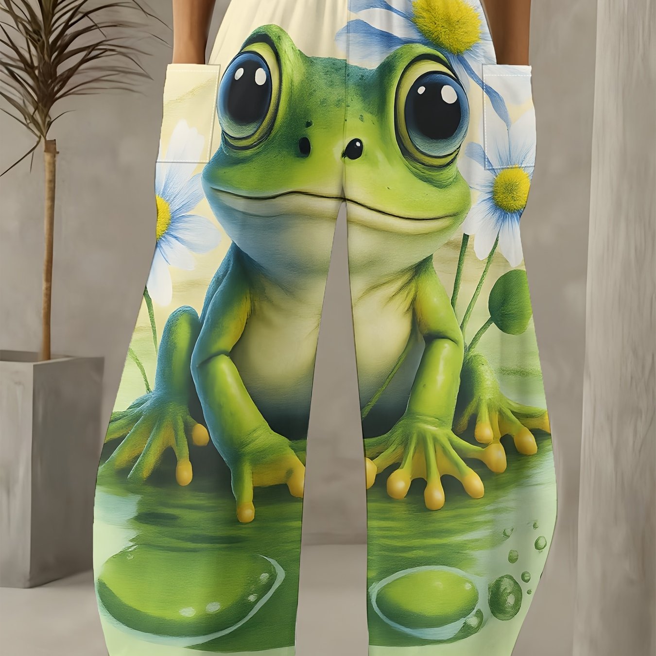 TEMU Women's Wide Leg Pants With Whimsical Frog Print - Loose-fit Full-length Trousers Suitable For Parties, Casual Attire & Themed Events - Cute