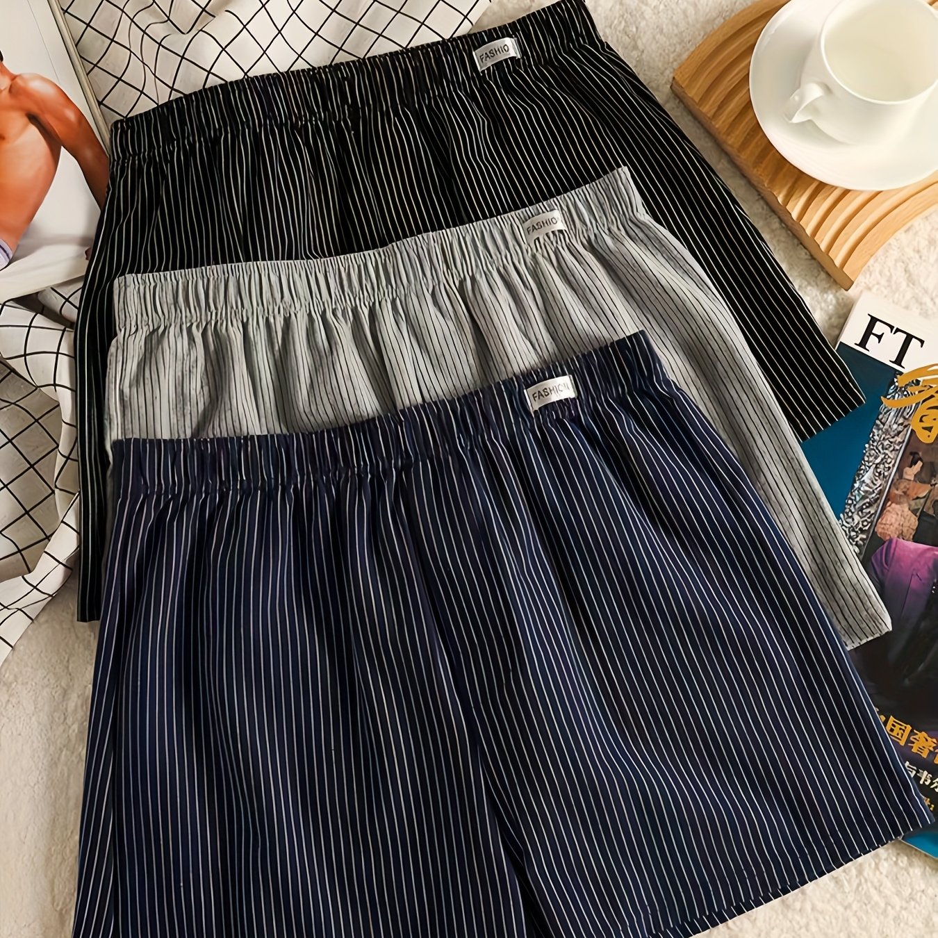 3-pcs Men's Underwear, Boxer Briefs, Vertical Stripes, Gentleman Style, Comfortable Shorts, Worn Outside