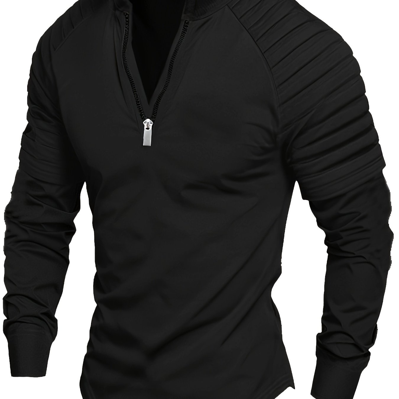 Spring And Autumn Stylish Outdoor Sports Casual Shirt With Raglan Sleeves, Featuring Pleated Arm Decorations And A Collar, Long-sleeved Top