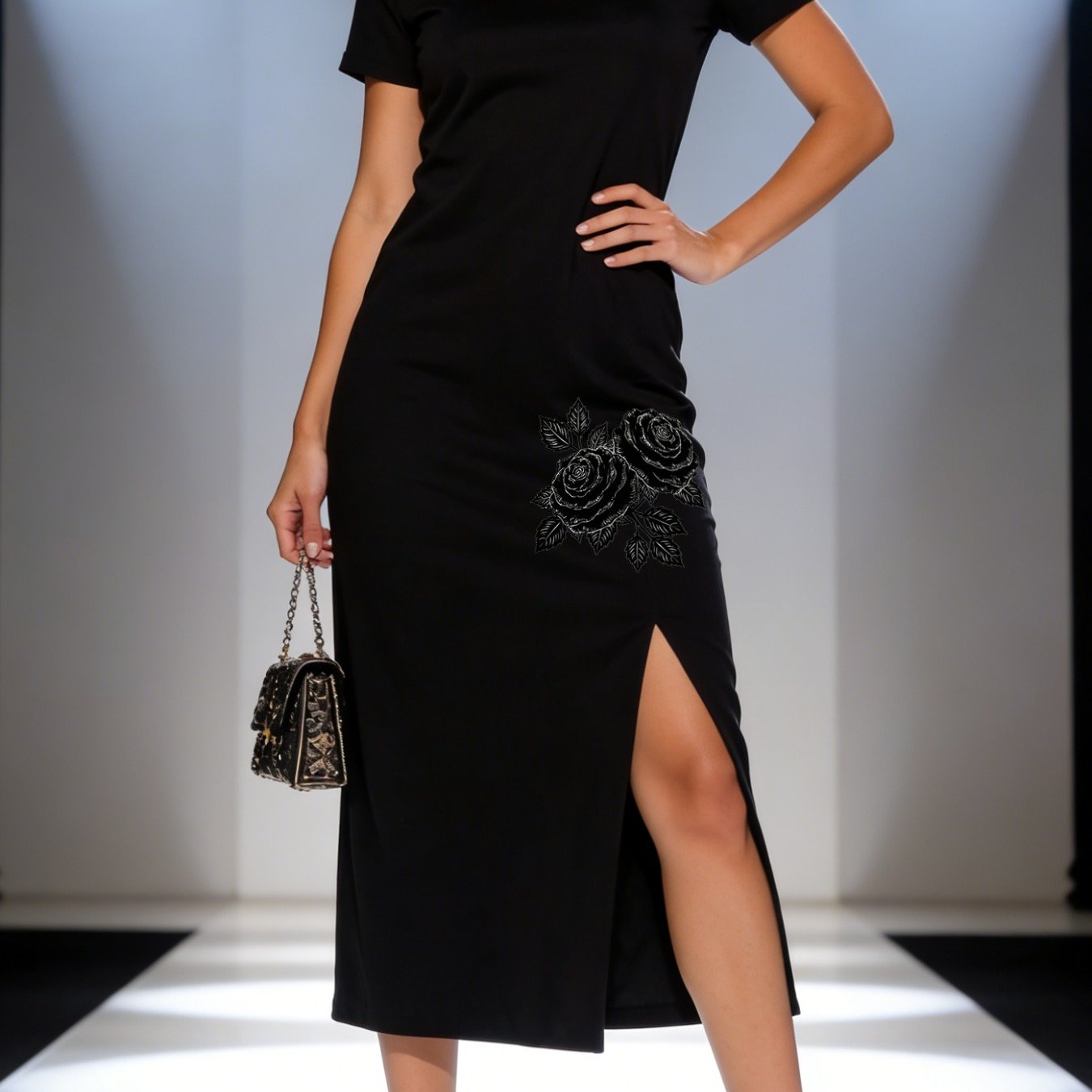 TEMU Black Short-sleeve Open-front Dress With - Elegant And Chic For Women - Perfect For Evening Events