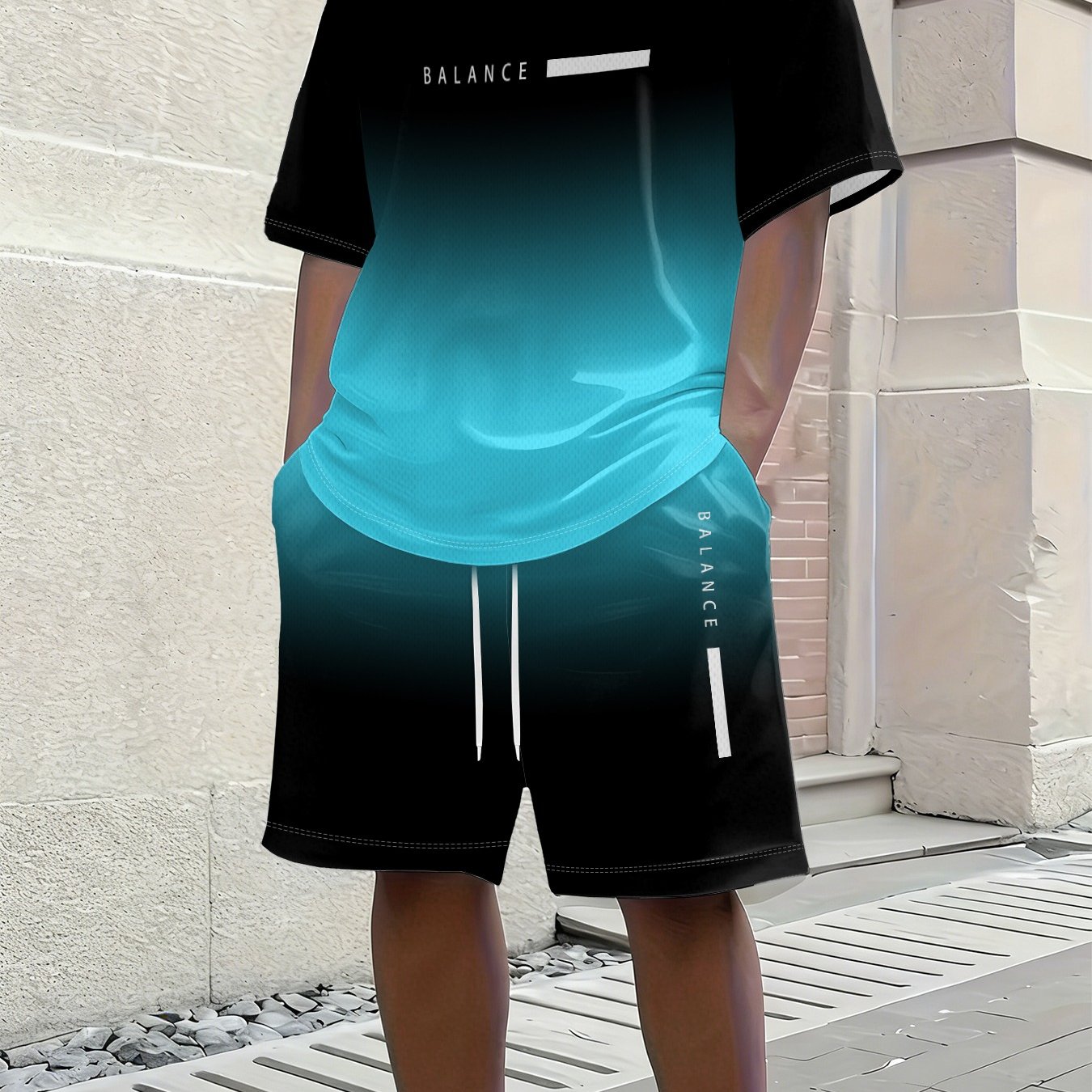 Image of [printed Design – Not Textured] Men's Black-lake Blue Gradient 3d Printed Breathable Mesh Casual Sportswear Set