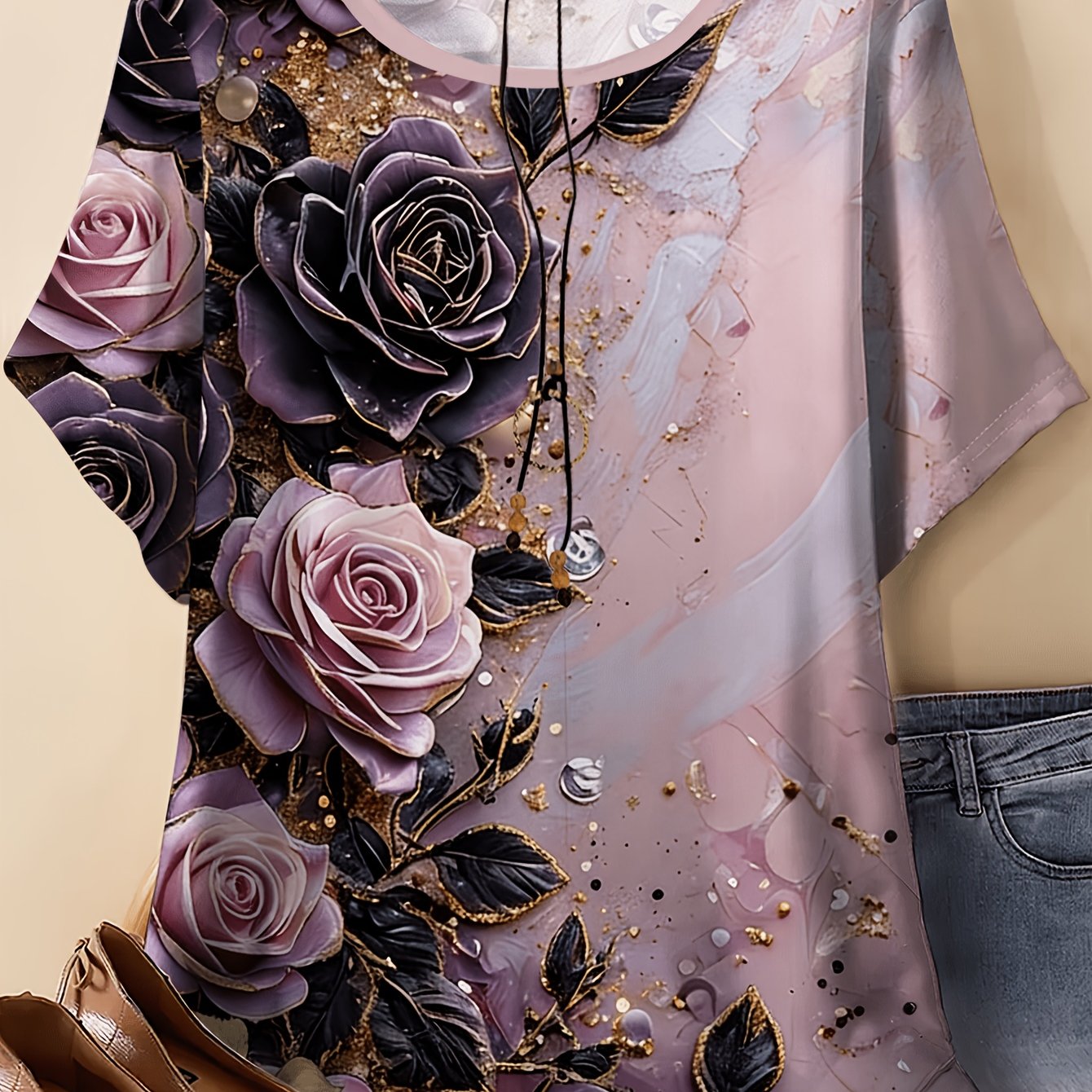 TEMU Plus Size, Plus Size Women's Round Neck Short Sleeve T-shirt, New Summer Style, Purple Rose Floral Print, Casual Loose , Fashionable And