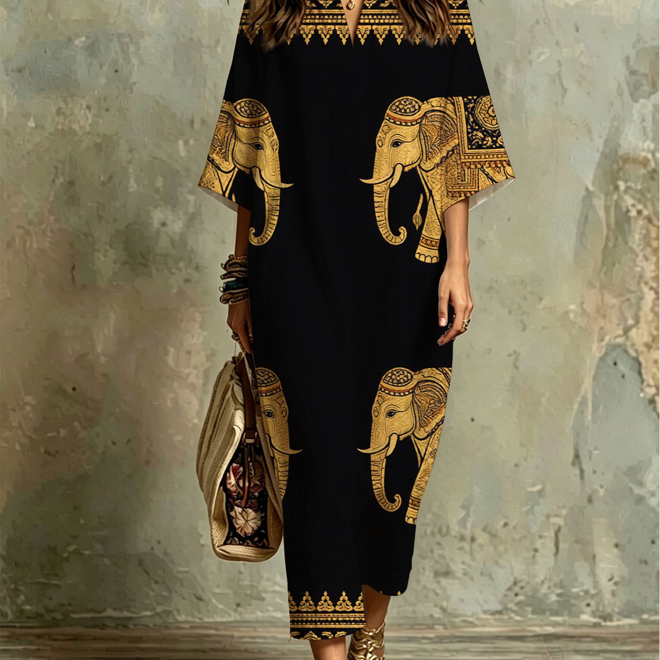 Image of Plus Size, Fashion Casual Kaftan Dress With Golden Elephant Print And Traditional Border Patterns, Comfortable, Breathable, Loose Fit, For Beach Vacation, Summer Parties, Evening Gatherings