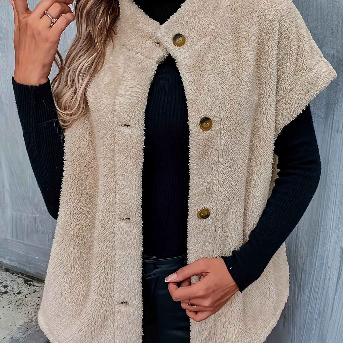 E-shop Herbst-Winter Casual Knopf-Lamm Einfarbig Teddy Halbhoher Kragen Kurzarm Jacke Mantel