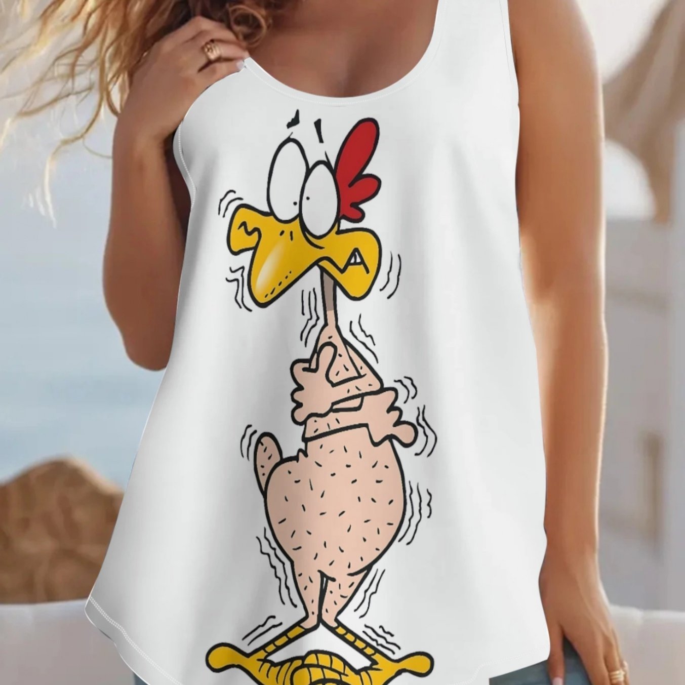 TEMU New Summer Cartoon Chick Print Loose Sleeveless Vest For Women, Dopamine Style Versatile Tummy-control Camisole Top, Designer Fun Trembling