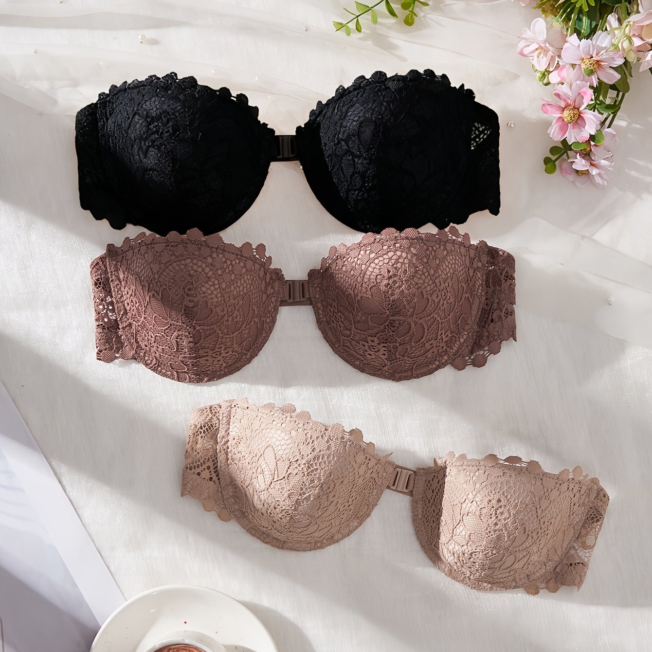 TEMU 3pcs Set Women's Strapless Lace Bra Front Closure Push-up Bandeau