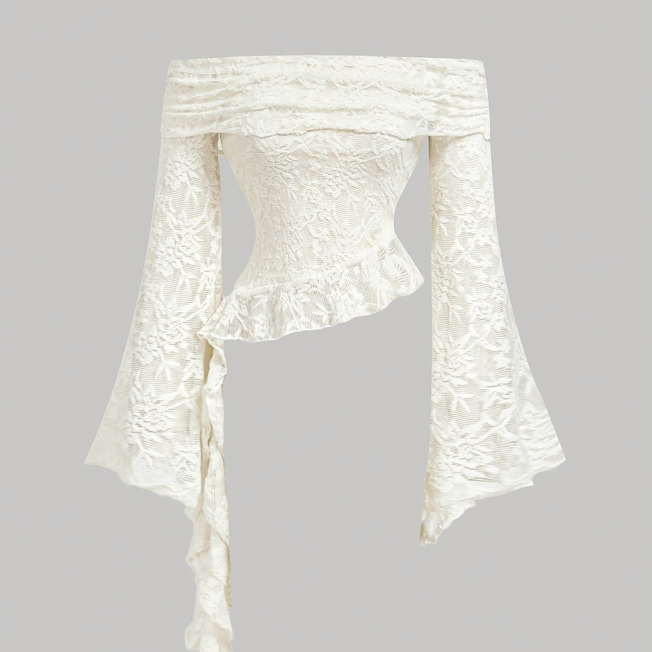 TEMU Haut moulant à manches cloche et volants, épaules dénudées, en dentelle blanche pour femmes, style rétro élégant
