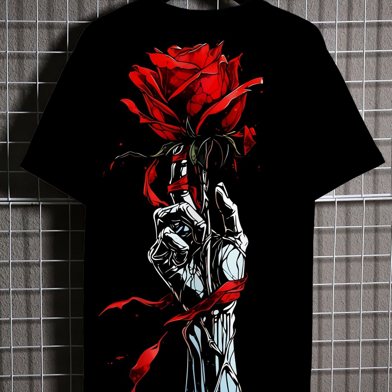TEMU Men's Valentine's Day Rose Print T-shirt - Black/red/white Rose, 180g Washed Cotton Short Sleeve Round Neck Casual Shirt For Date Night, Gifts &