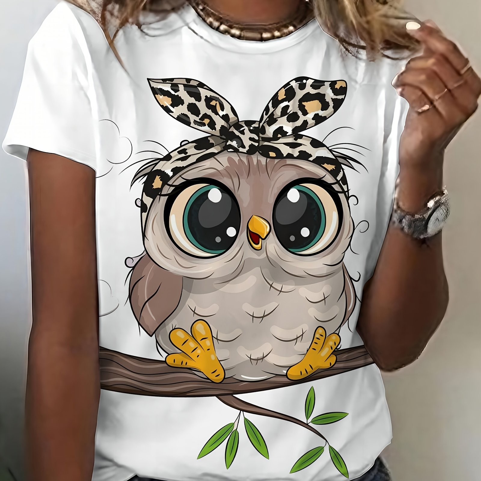 E-shop Niedliches T-Shirt mit Eulen-Print für Damen, Leopardenmuster-Stirnband mit Cartoon-Muster, modisches Damenoberteil, lässiges und bequemes